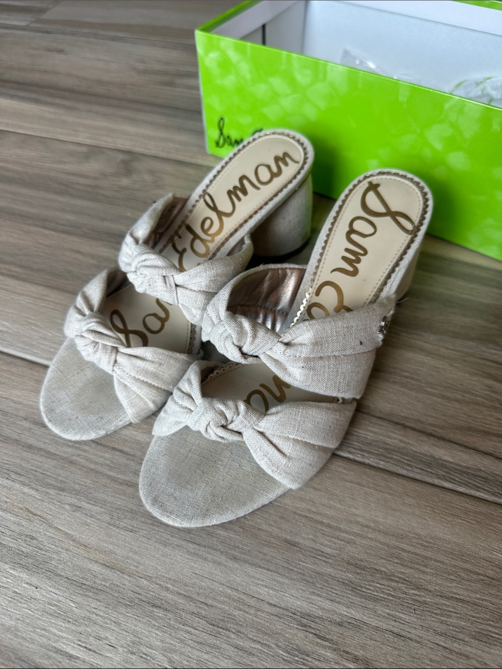 Sam Edelman Natural Beige Knotted Linen Block Heel Mules